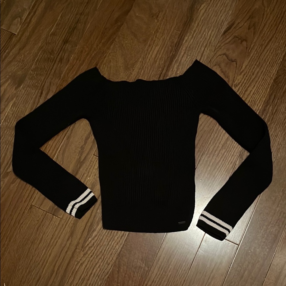 Hollister Black Off-Shoulder fitted Sweater with Striped Cuffs